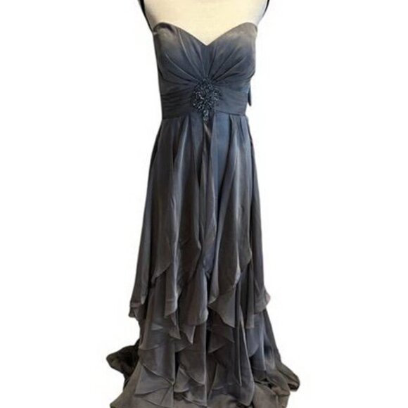 Bonny Silver Gray Embellished Lace Up Back Chiffon Tiered Gown - Picture 1 of 3